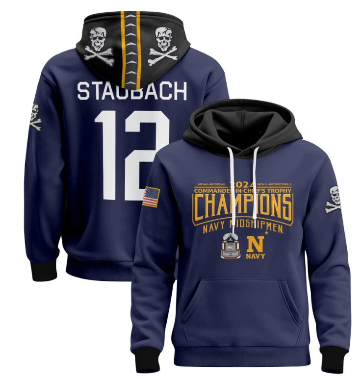 Roger Staubach Hoodie #12 Navy Midshipmen Champions Patch Pullover Gold White by Hoodie Pullover