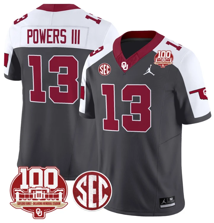 Reggie Powers III Jersey #13 Oklahoma Sooners 100th Anniversary Patch Vapor Limited College Football Stitched Anthracite Alternate by My Store