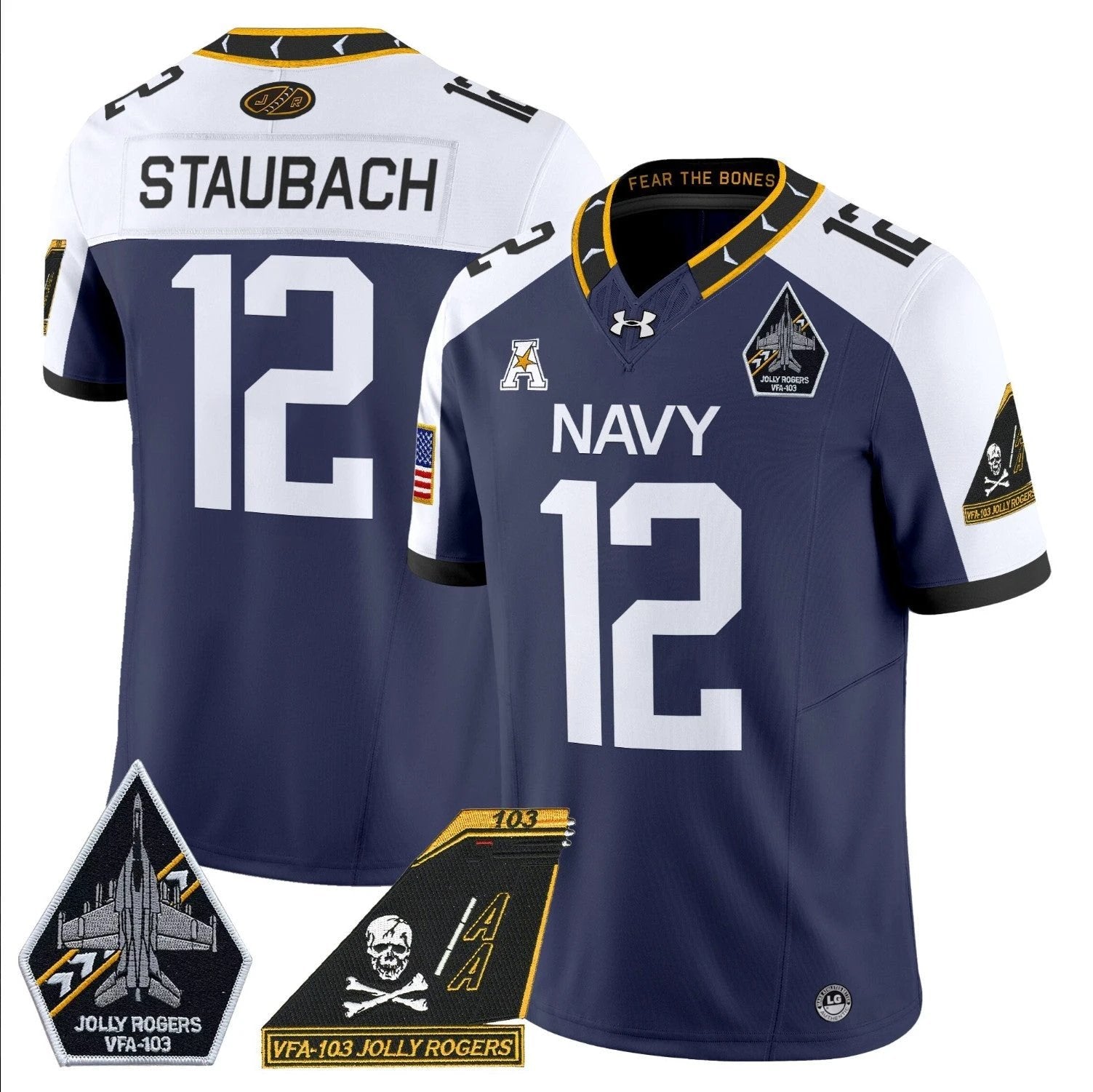 Roger Staubach Jersey #12 Navy Midshipmen 2024 Jolly Rogers Patch Navy Alternate by My Store