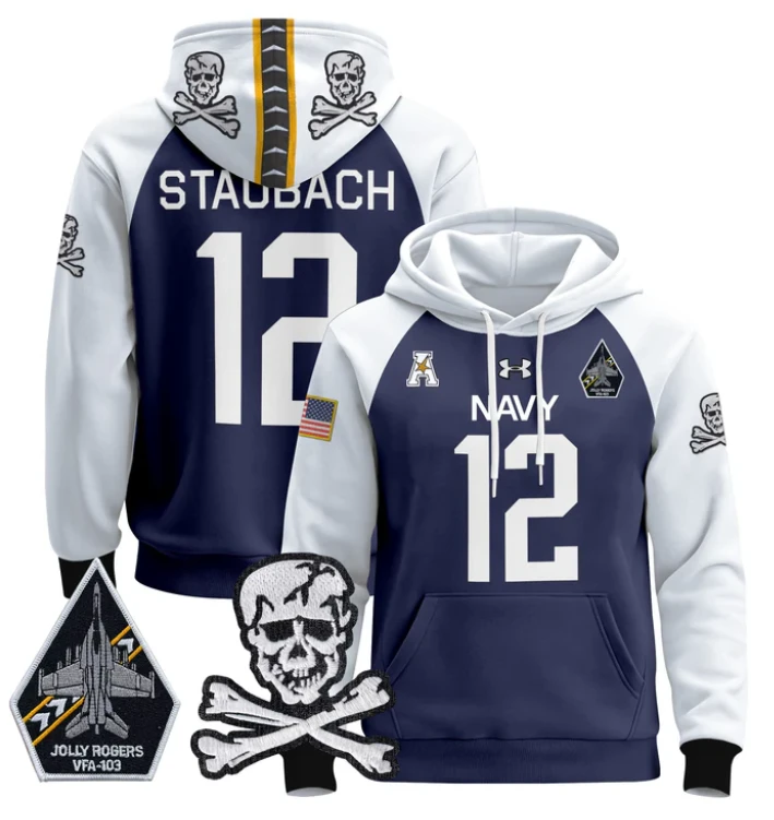 Roger Staubach Hoodie #12 Navy Midshipmen Pullover Jolly Rogers by Hoodie Pullover