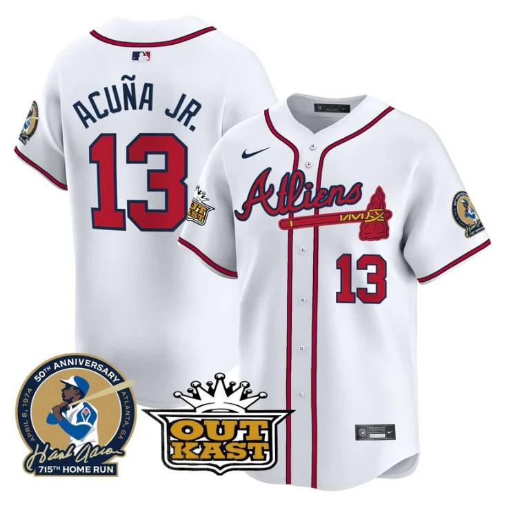 Ronald Acuna Jr Jersey #13 Atlanta Braves Atliens Hank Aaron Patch Limited Stitched White by My Store