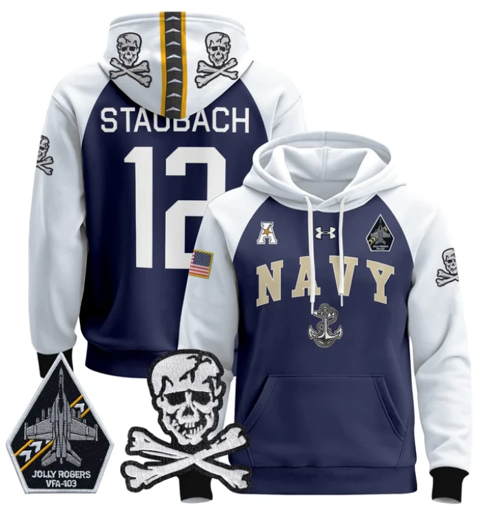 Roger Staubach Hoodie #12 Navy Midshipmen Pullover Jolly Rogers V2 by Hoodie Pullover
