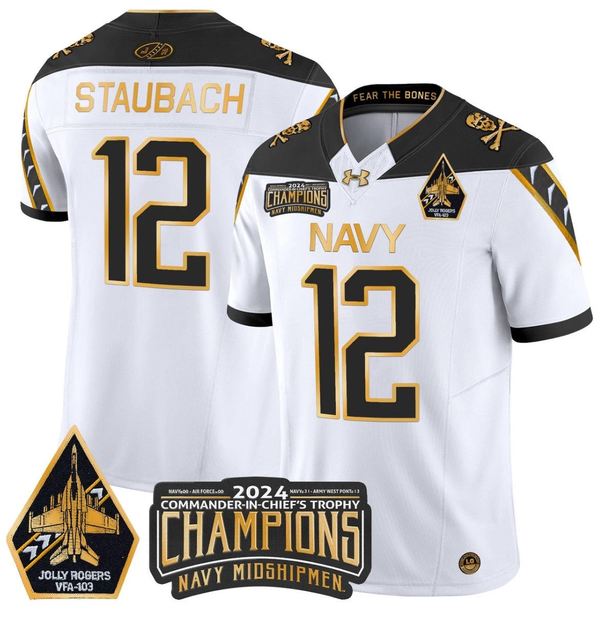 Roger Staubach Jersey #12 Navy Midshipmen Commander-in-chief's Trophy White Gold by NCAA Football Jersey