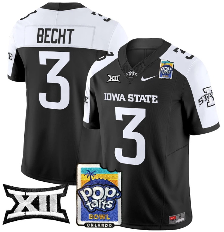Rocco Becht Jersey #3 Iowa State 2025 PopTarts Bowl Patch Black Alternate by My Store