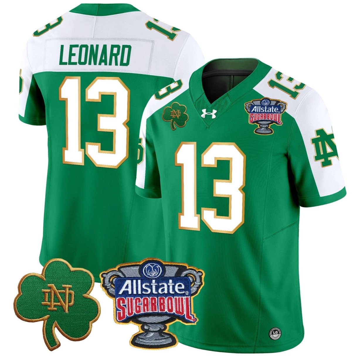 Riley Leonard Jersey #13 Notre Dame 2024 Sugar Bowl Patch V2 Green Alternate by NCAA Football Jersey