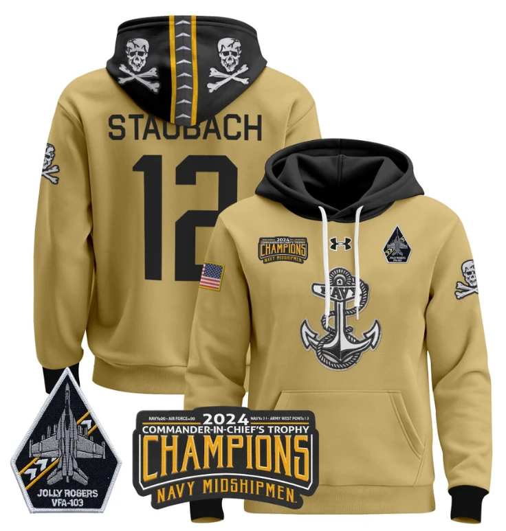 Roger Staubach Hoodie #12 Navy Midshipmen Champions Patch Pullover Gold White by Hoodie Pullover