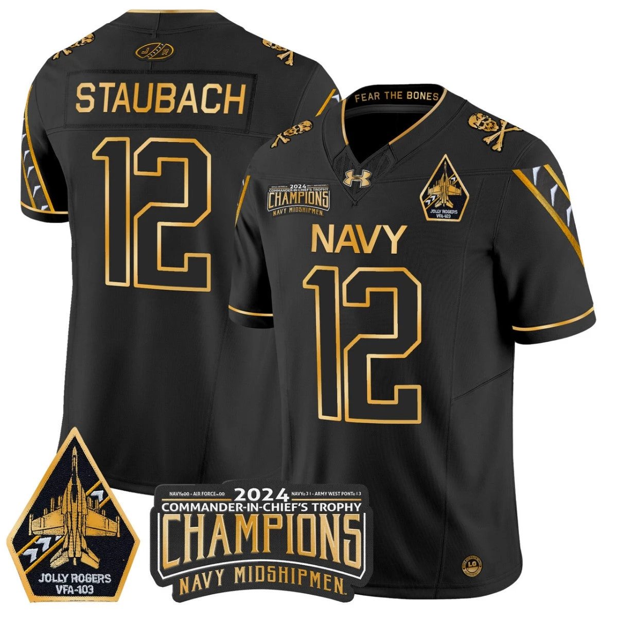 Roger Staubach Jersey #12 Navy Midshipmen Commander-in-chief's Trophy Black Gold by NCAA Football Jersey