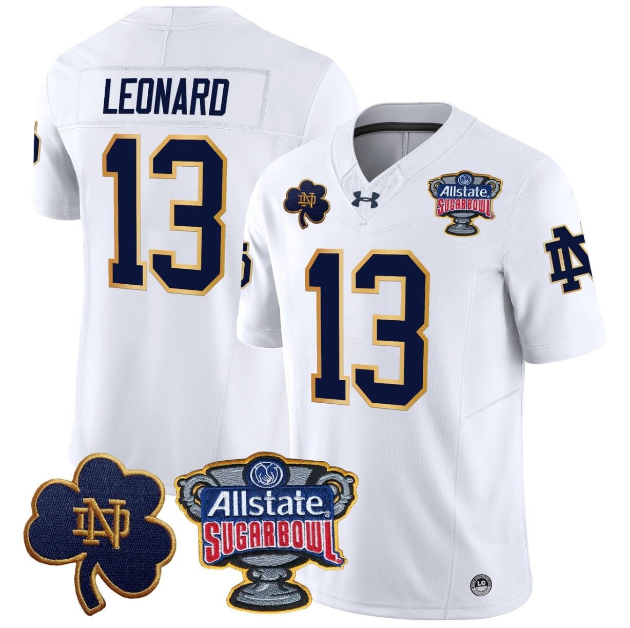 Riley Leonard Jersey #13 Notre Dame 2024 Sugar Bowl Patch V2 Stitched White by NCAA Football Jersey