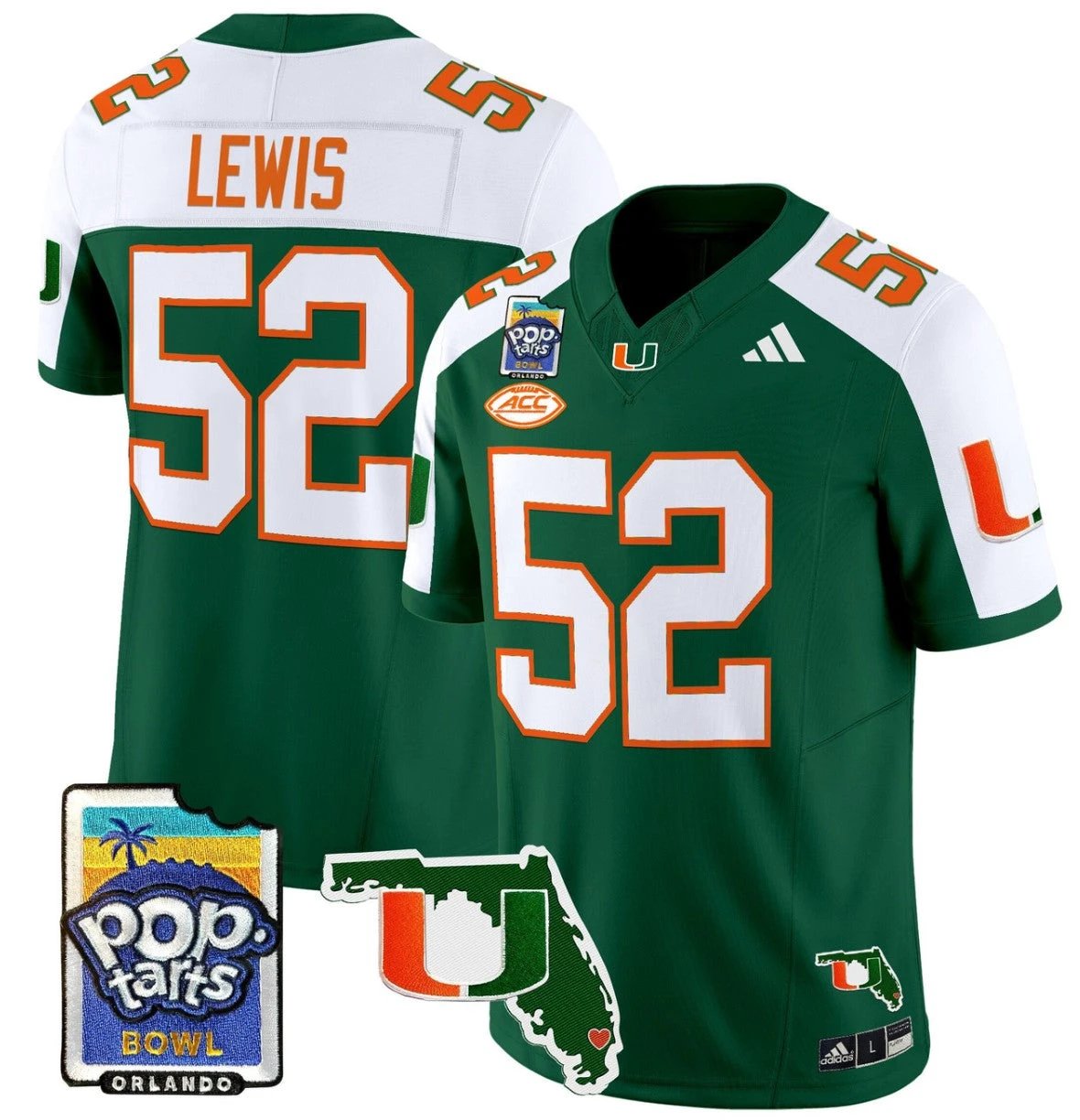 Ray Lewis Jersey #52 Miami Hurricanes 2025 PopTarts Bowl Patch Green Alternate by My Store