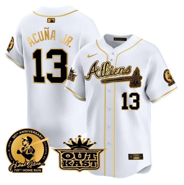 Ronald Acuna Jr Jersey #13 Atlanta Braves Atliens Hank Aaron Patch Limited Stitched White Gold by My Store