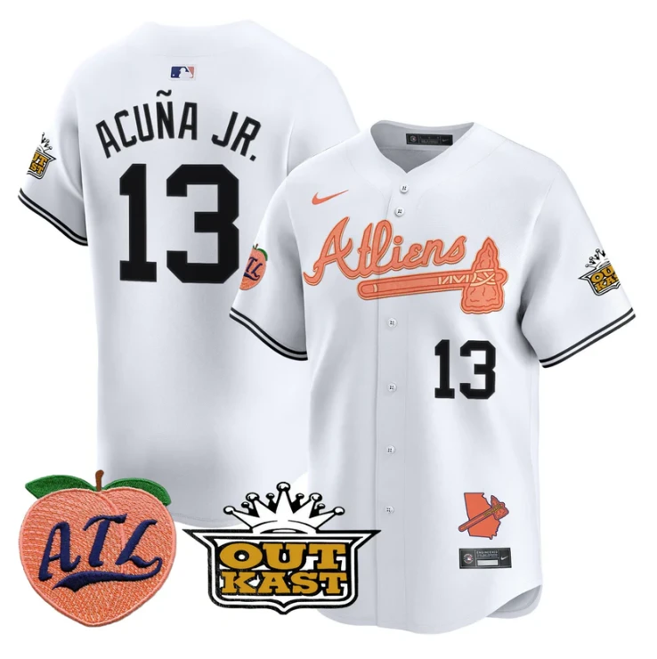 Ronald Acuna Jr Jersey #13 Atlanta Braves Atliens Peach Vapor Premier Limited Stitched White by My Store
