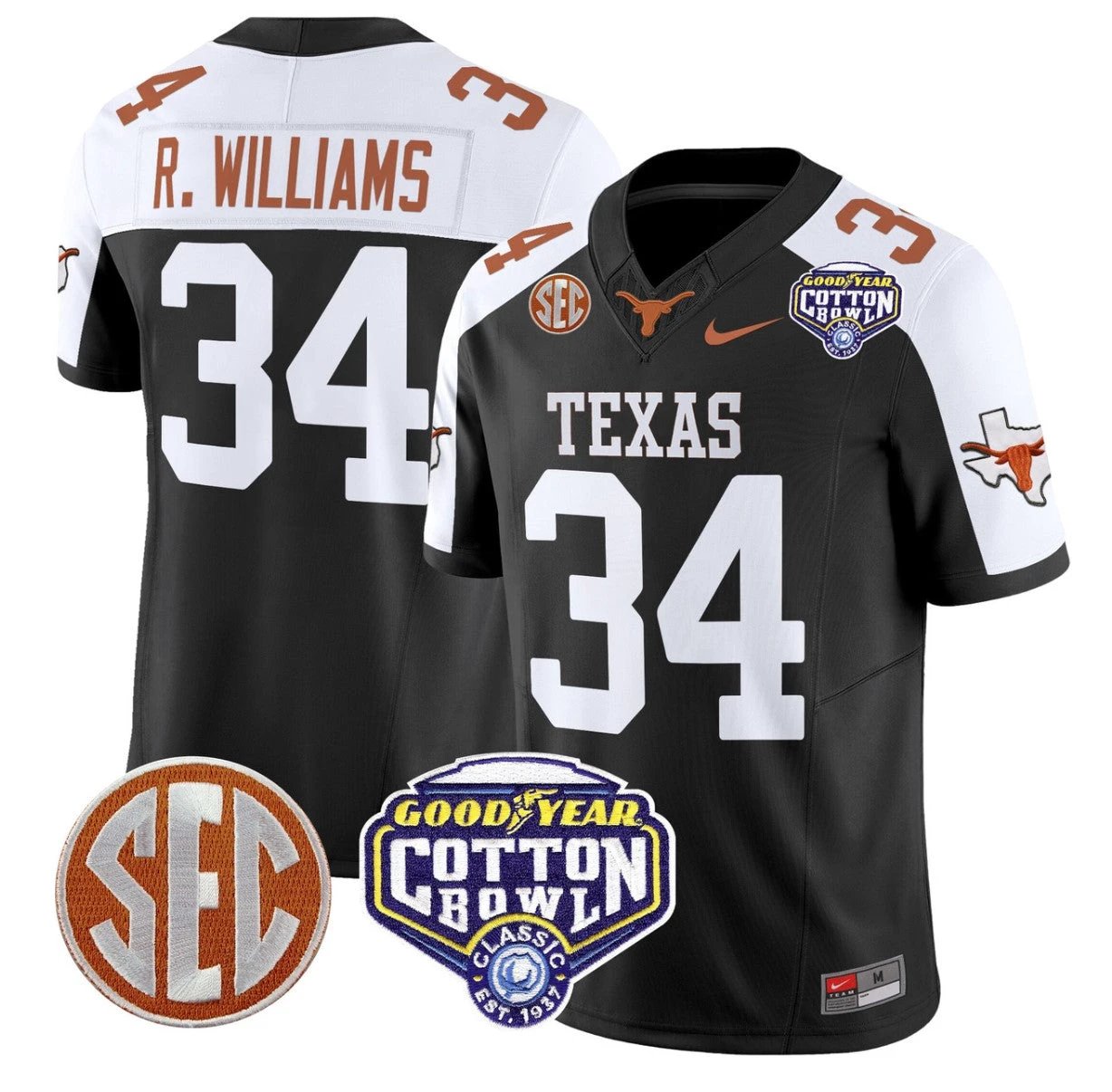 Ricky Williams Jersey #34 Texas Longhorns Cotton Bowl Patch Black Alternate by My Store