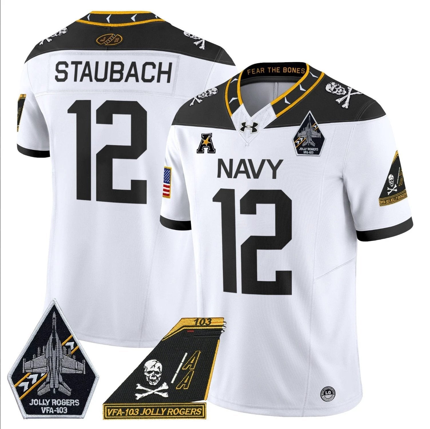 Roger Staubach Jersey #12 Navy Midshipmen 2024 Jolly Rogers Patch White by My Store