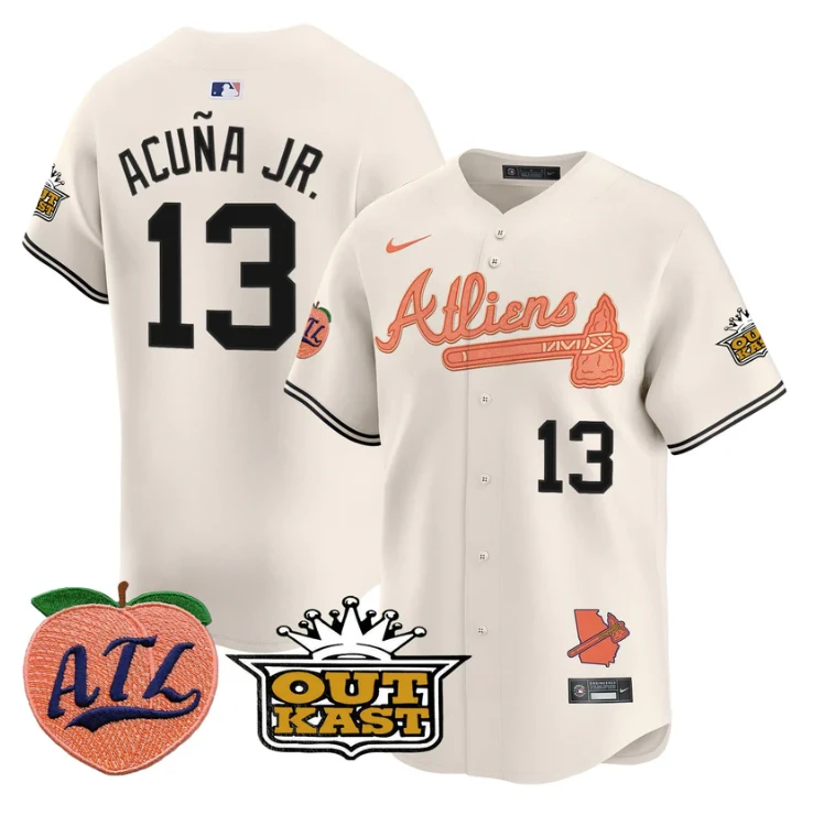 Ronald Acuna Jr Jersey #13 Atlanta Braves Atliens Peach Vapor Premier Limited Stitched Cream by My Store