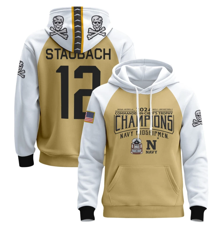 Roger Staubach Hoodie #12 Navy Midshipmen Champions Patch Pullover Gold White by Hoodie Pullover