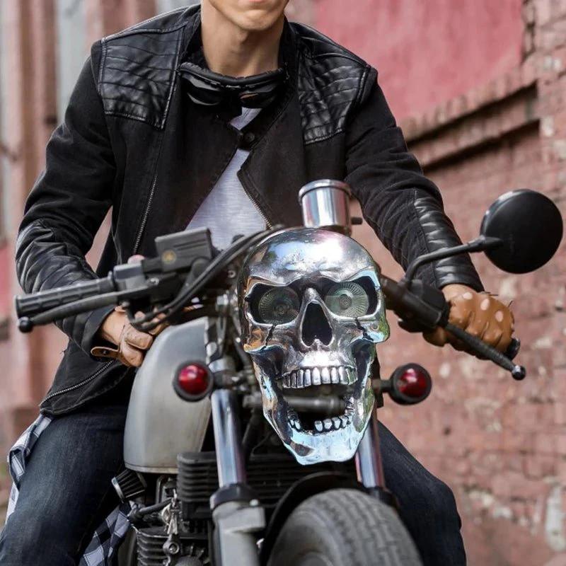 LED Motorcycle Skull Lamp with Unique Eye Glow and Chrome Finish by BowLift