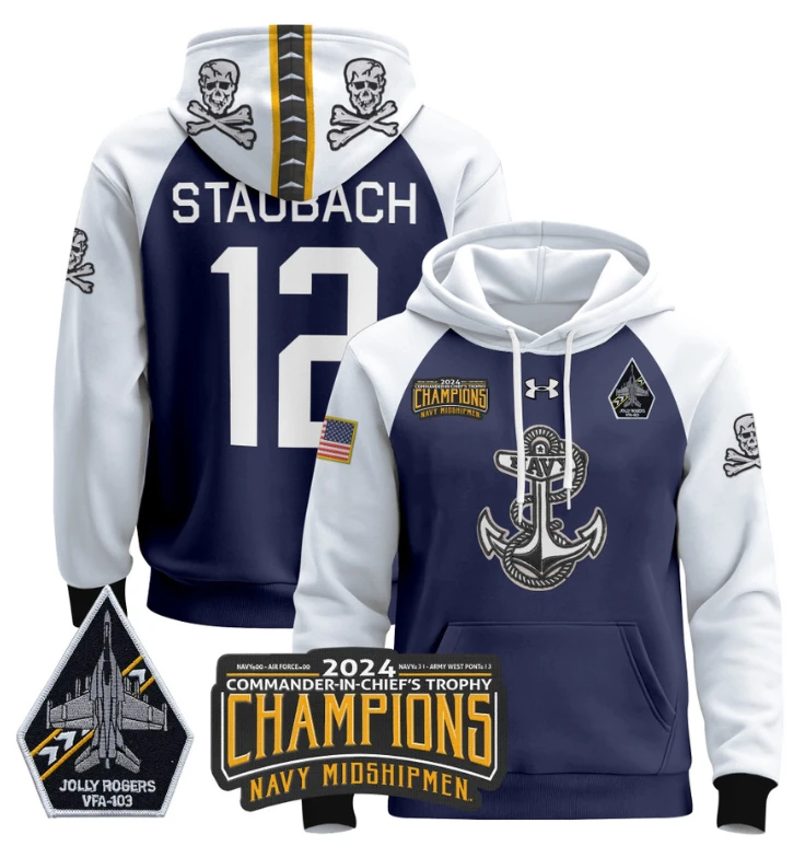 Roger Staubach Hoodie #12 Navy Midshipmen Champions Patch Pullover Gold White by Hoodie Pullover