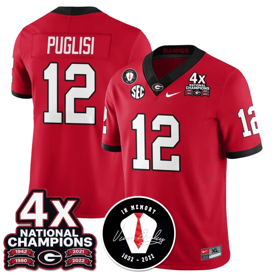 Ryan Puglisi Jersey #12 Georgia Bulldogs 4x-Time National Champions Stitched by My Store NCAA Football Jerseys