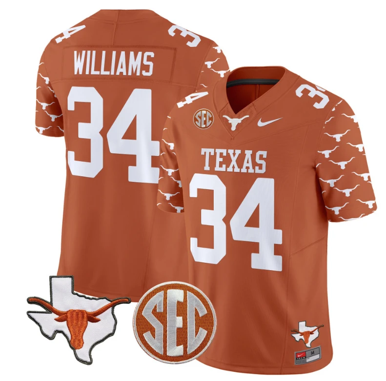 Ricky Williams Jersey #34 Texas Longhorns State Map and Sec Patch Vapor Limited College Football Stitched Texas Orange by My Store