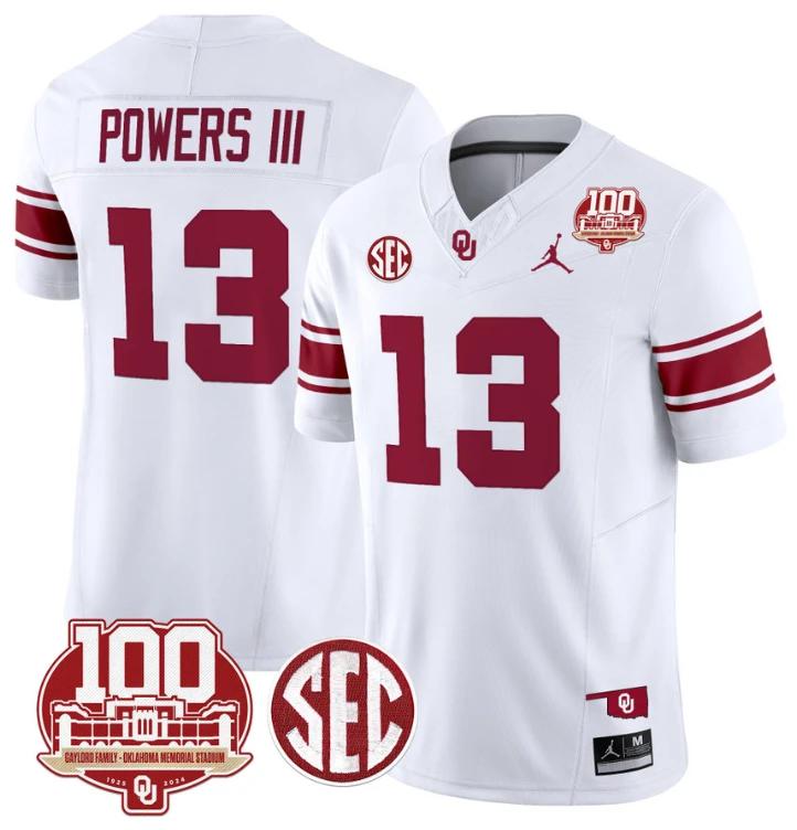 Reggie Powers III Jersey #13 Oklahoma Sooners 100th Anniversary Patch Vapor Limited College Football Stitched White by My Store
