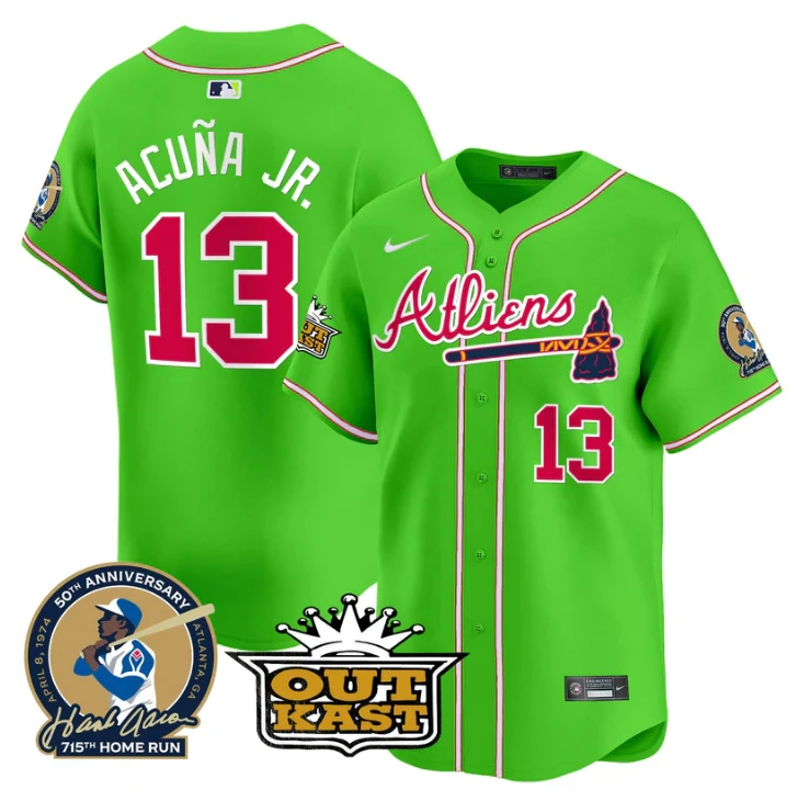 Ronald Acuna Jr Jersey #13 Atlanta Braves Atliens Hank Aaron Patch Limited Stitched Bright Green by My Store