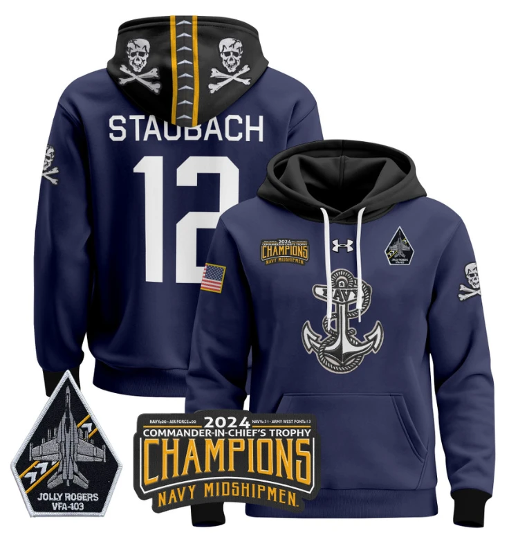 Roger Staubach Hoodie #12 Navy Midshipmen Champions Patch Pullover Gold White by Hoodie Pullover