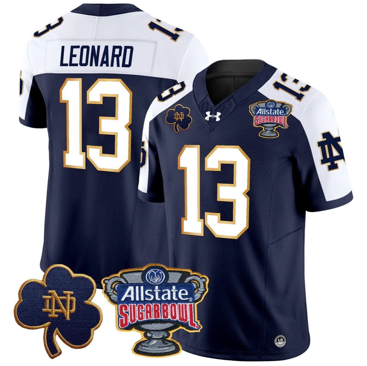 Riley Leonard Jersey #13 Notre Dame 2024 Sugar Bowl Patch V2 Navy Alternate by NCAA Football Jersey