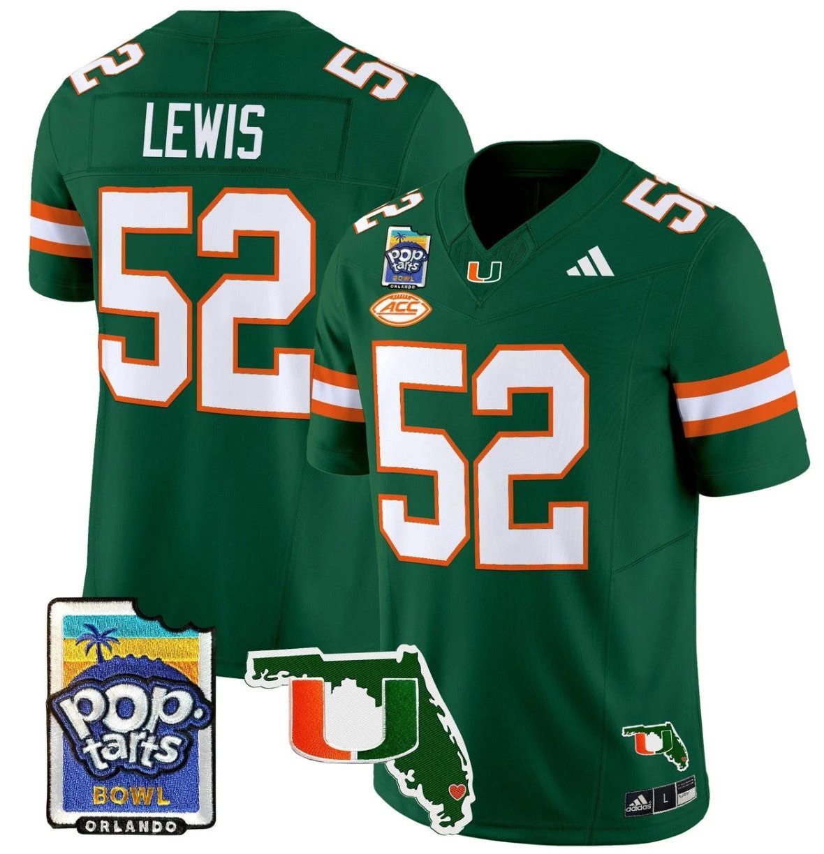 Ray Lewis Jersey #52 Miami Hurricanes 2025 PopTarts Bowl Patch Green by My Store