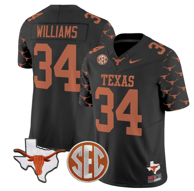Ricky Williams Jersey #34 Texas Longhorns State Map and Sec Patch Vapor Limited College Football Stitched Black by My Store
