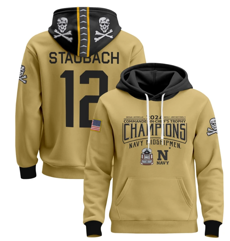 Roger Staubach Hoodie #12 Navy Midshipmen Champions Patch Pullover Gold White by Hoodie Pullover