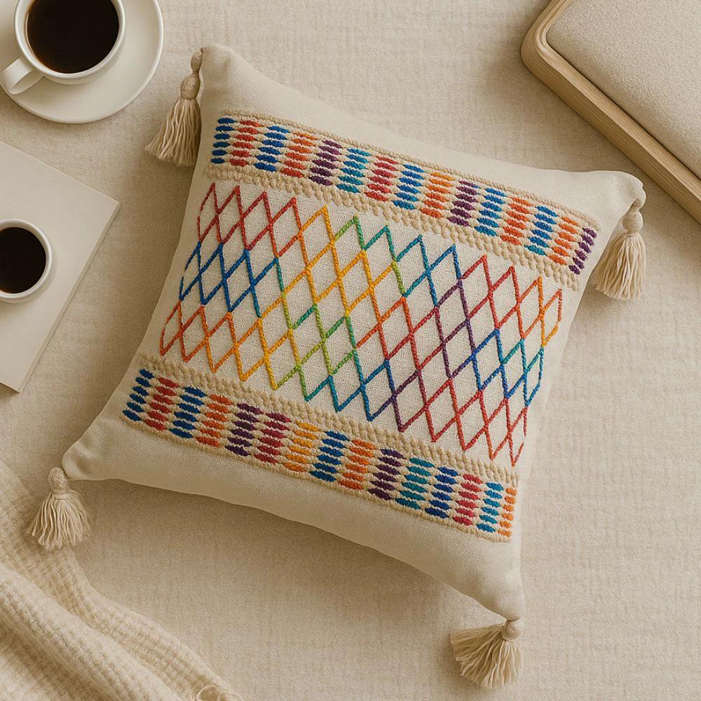 Rainbow Lattice Tassel Cushion Cover by Casa & Beyond