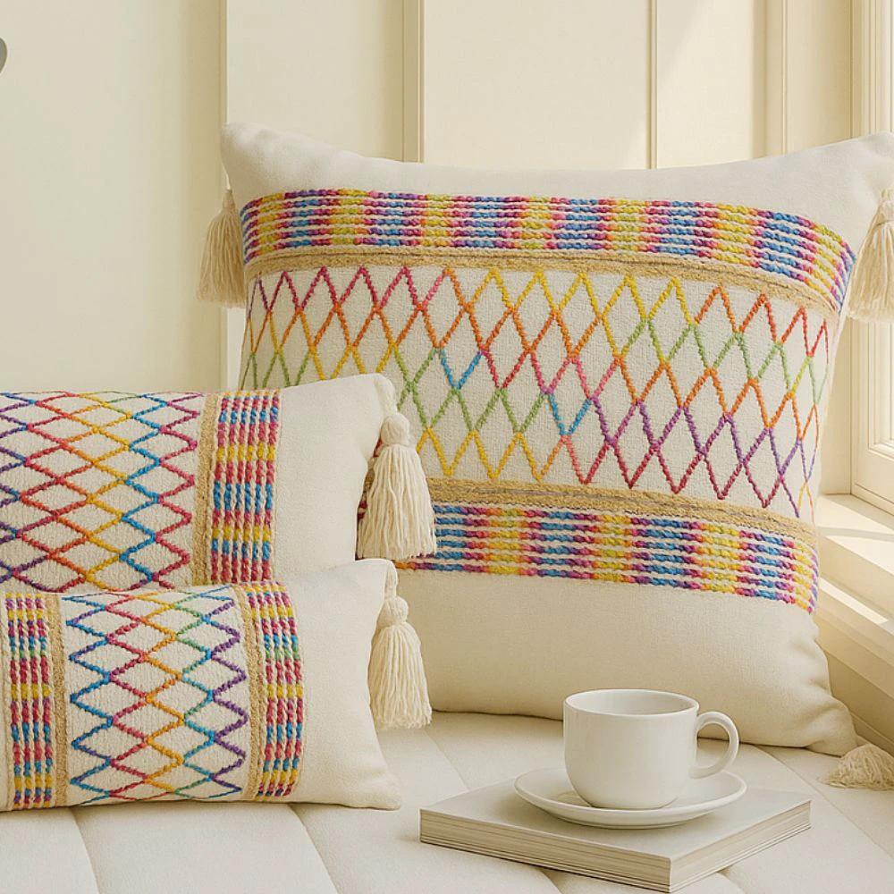 Rainbow Lattice Tassel Cushion Cover by Casa & Beyond