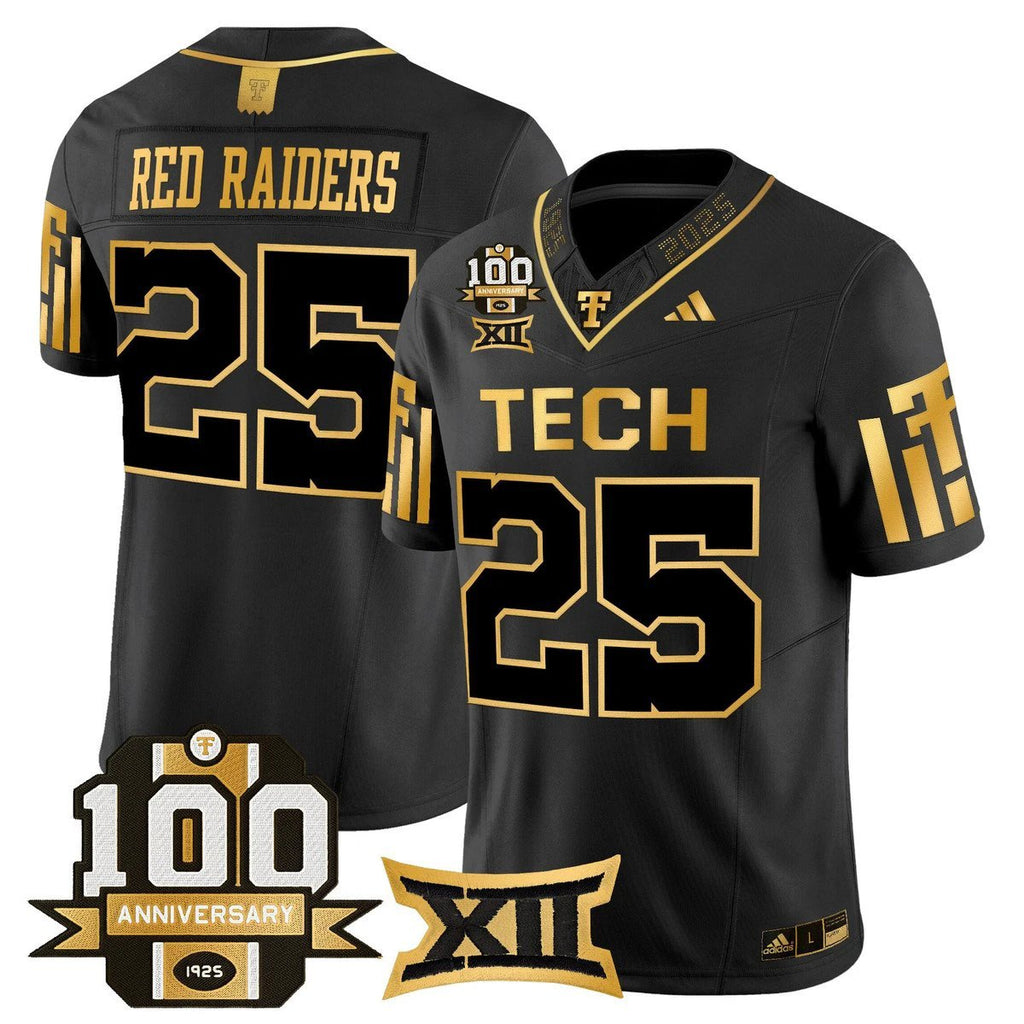 Red Raiders Jersey #25 Texas Tech 2025 100th Anniversary Stitched Black Gold by My Store NCAA Football Jerseys