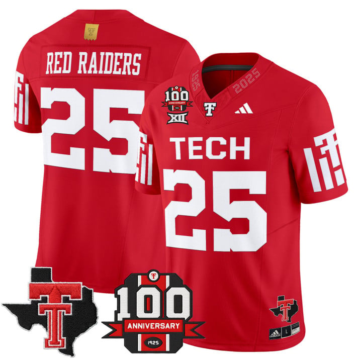 Red Raiders Jersey #25 Texas Tech 100th Anniversary Patch 2025 Stitched by My Store NCAA Football Jerseys