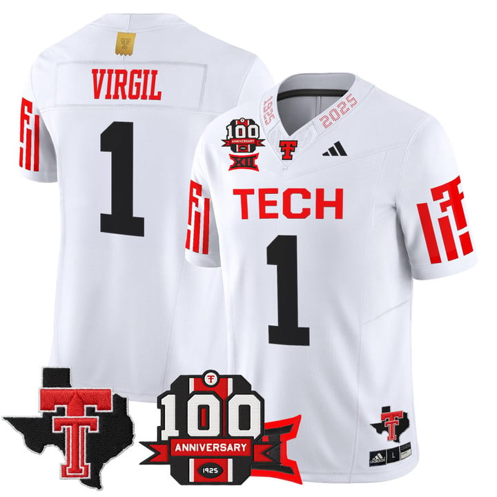 Reggie Virgil Jersey #1 Texas Tech 2025 100th Anniversary Patch Stitched by My Store NCAA Football Jerseys