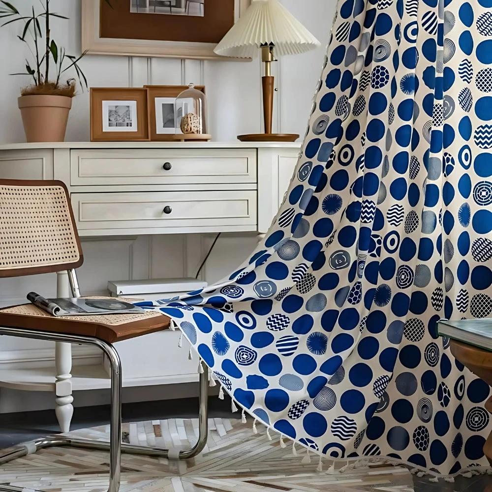 Retro Blue Polka Dots Patterned Window Curtain by Casa & Beyond