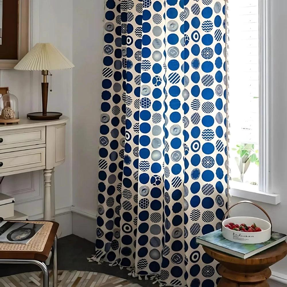 Retro Blue Polka Dots Patterned Window Curtain by Casa & Beyond