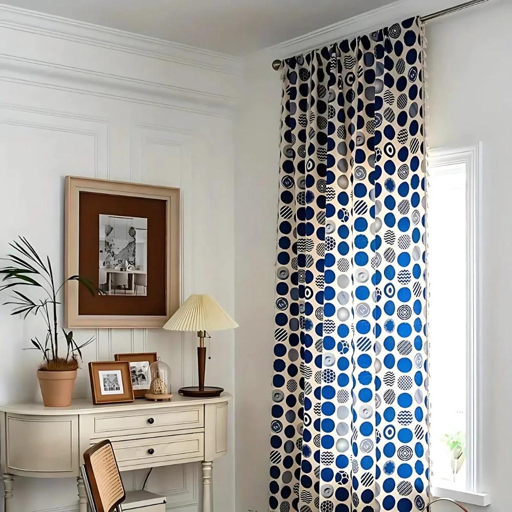 Retro Blue Polka Dots Patterned Window Curtain by Casa & Beyond