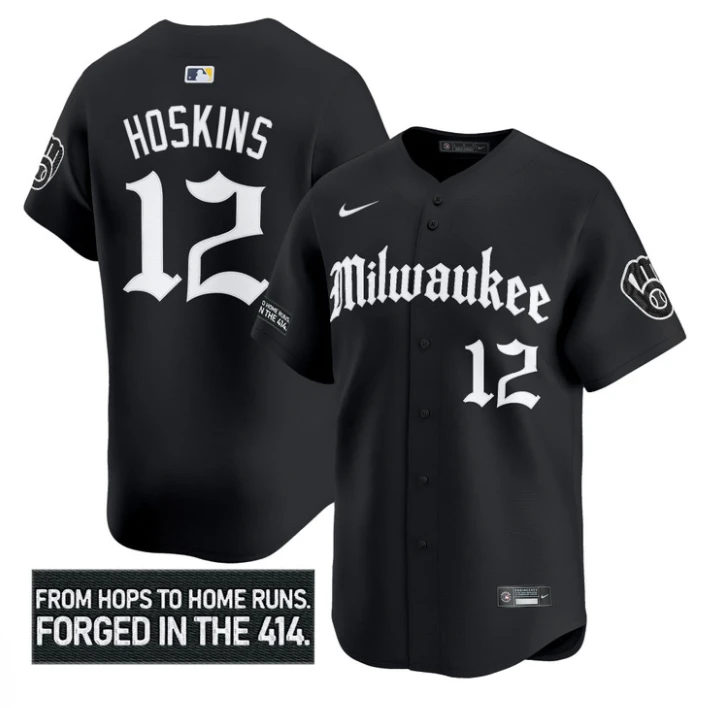 Rhys Hoskins Jersey #12 Milwaukee Brewers Gothic 414 Shadows Edition Black by My Store
