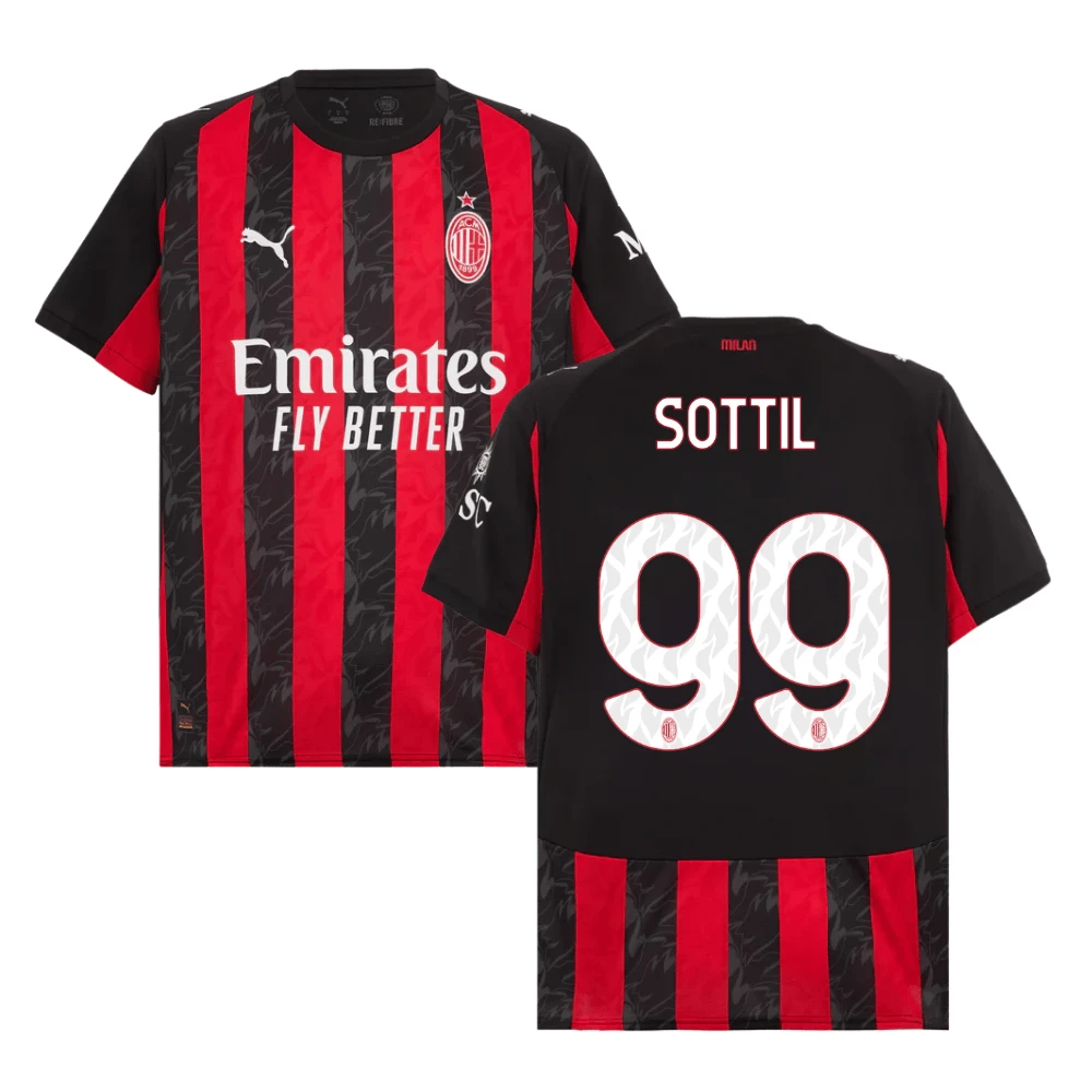 Riccardo Sottil 99 AC Milan 2025-26 Home Match Jersey – Black Red by Soccer Jersey