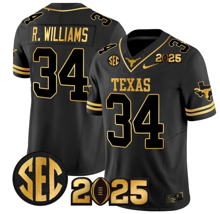 Ricky Williams Jersey #34 Texas Longhorns 2025 CFP Final Patch Black Gold by NCAA Football Jersey