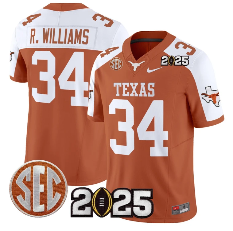 Ricky Williams Jersey #34 Texas Longhorns 2025 CFP Final Patch Orange Alternate by NCAA Football Jersey