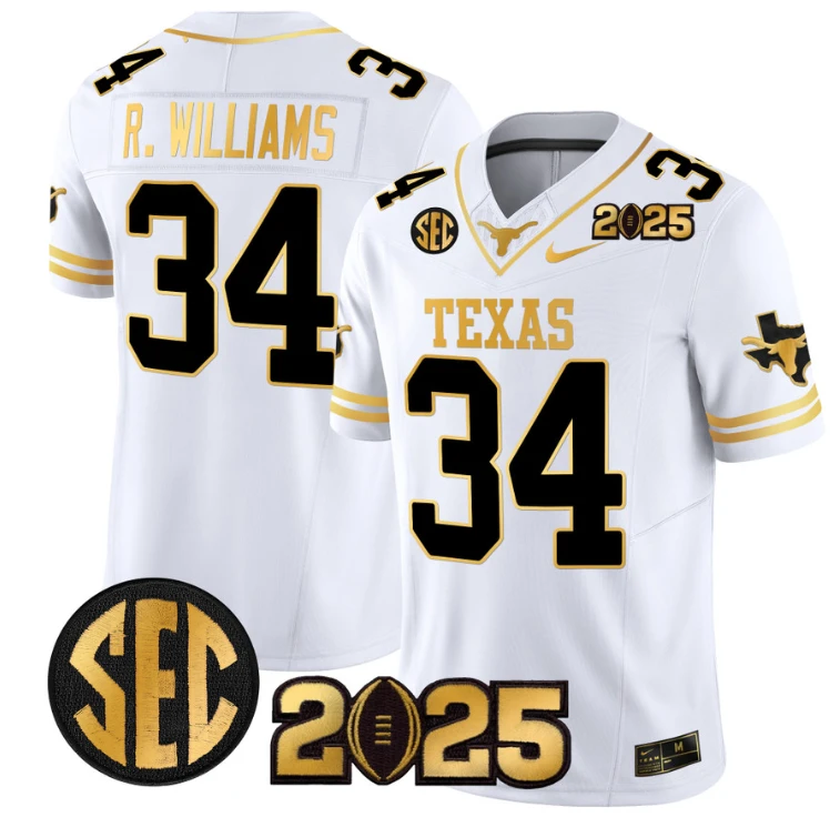 Ricky Williams Jersey #34 Texas Longhorns 2025 CFP Final Patch White Gold by NCAA Football Jersey