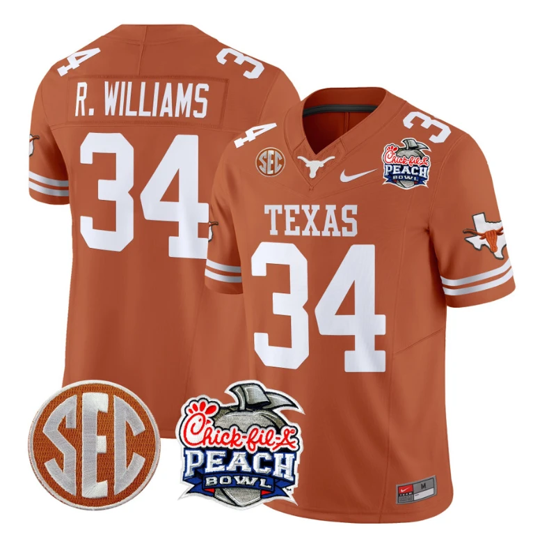 Ricky Williams Jersey #34 Texas Longhorns Peach Bowl Patch Vapor Texas Orange by NCAA Football Jersey