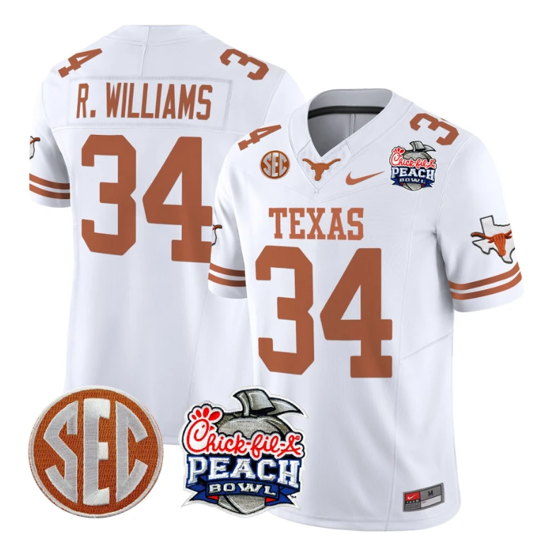Ricky Williams Jersey #34 Texas Longhorns Peach Bowl Patch Vapor White by NCAA Football Jersey