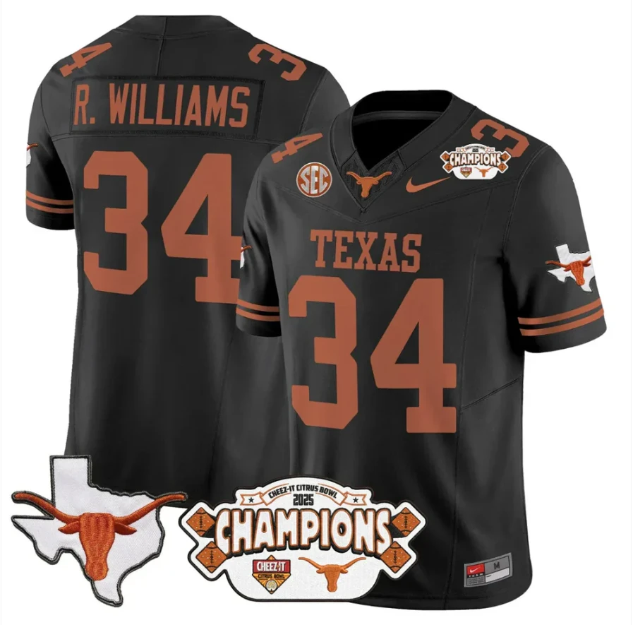 Ricky Williams Jersey #34 Texas 2025 State Map Citrus Bowl Champions Stitched by My Store NCAA Football Jerseys