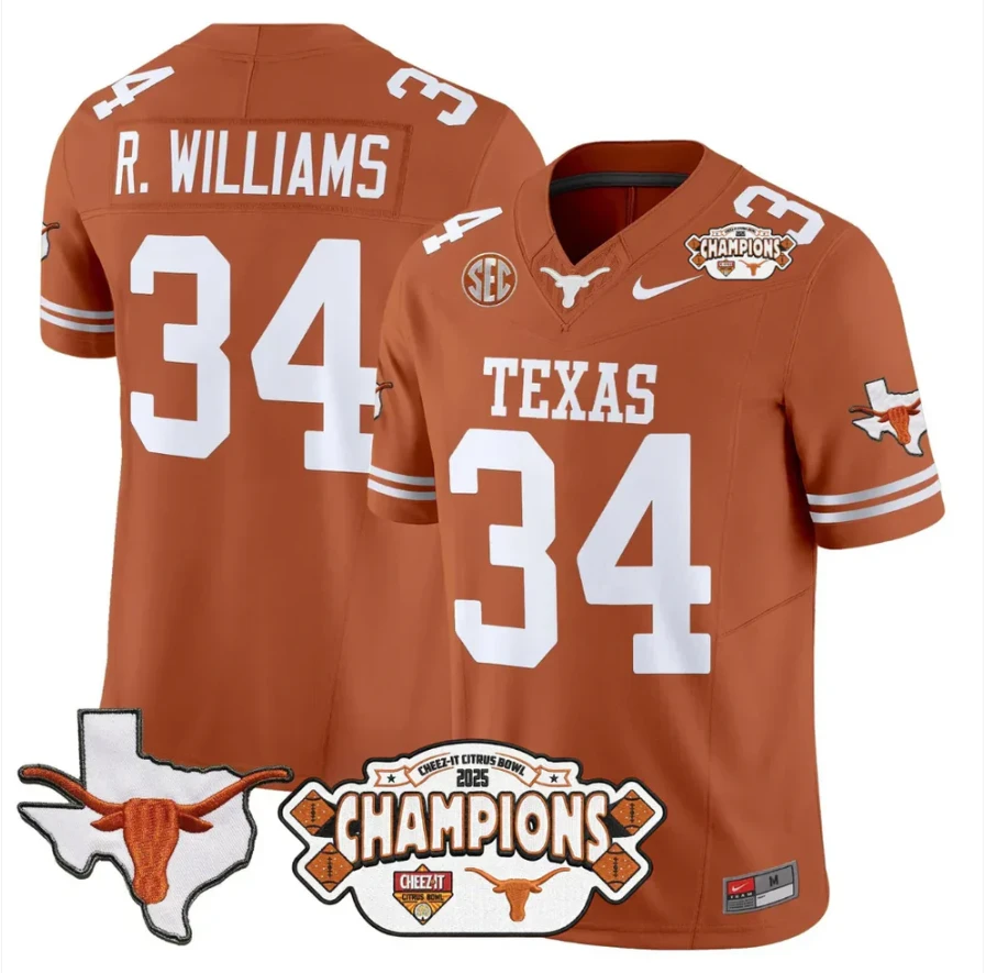 Ricky Williams Jersey #34 Texas 2025 State Map Citrus Bowl Champions Stitched by My Store NCAA Football Jerseys