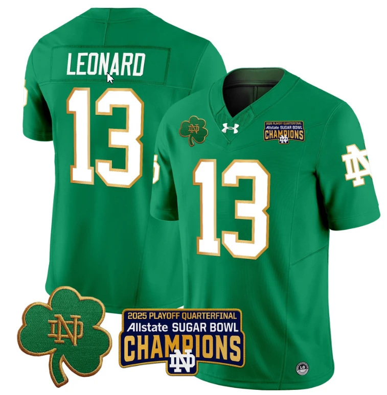 Riley Leonard Jersey #13 Notre Dame 2025 Sugar Bowl Champions Patch Green by NCAA Football Jersey
