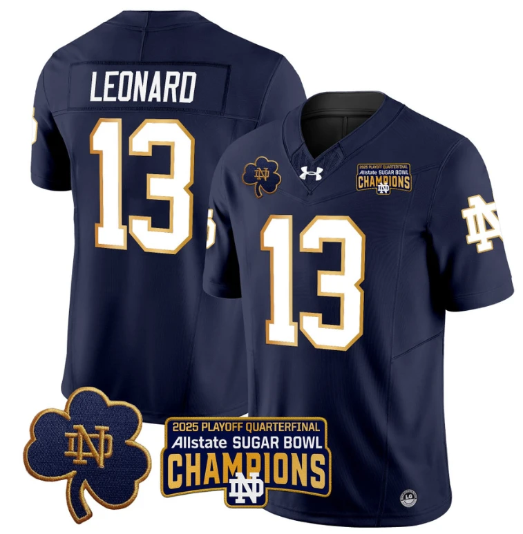 Riley Leonard Jersey #13 Notre Dame 2025 Sugar Bowl Champions Patch Navy by NCAA Football Jersey
