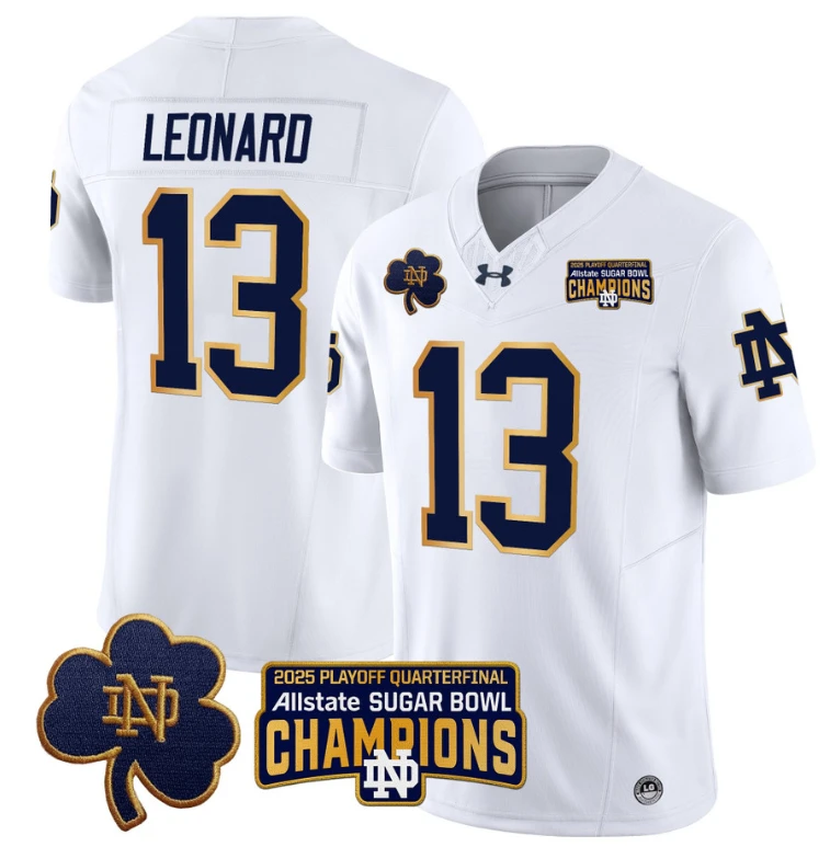 Riley Leonard Jersey #13 Notre Dame 2025 Sugar Bowl Champions Patch White by NCAA Football Jersey